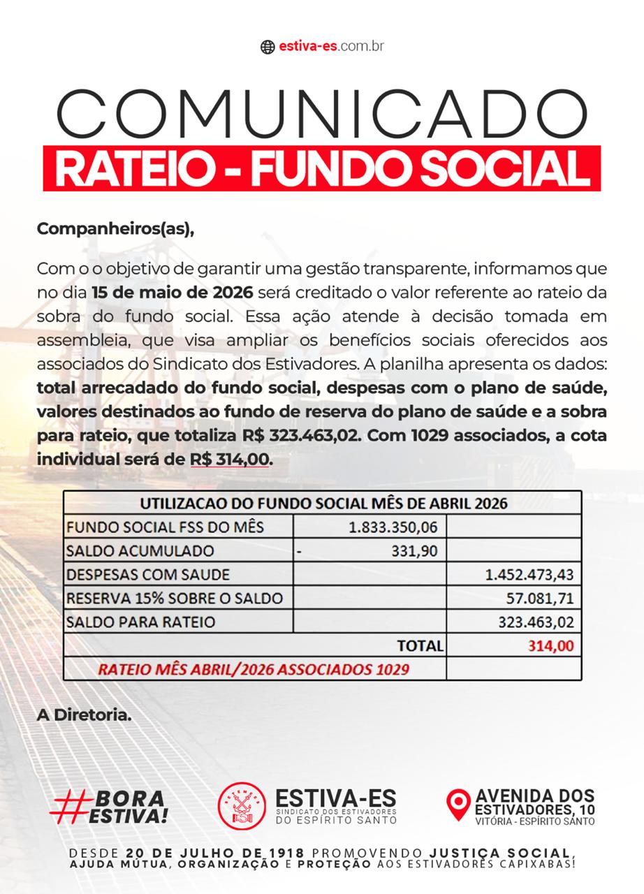 Rateio do fundo social - abril de 2026